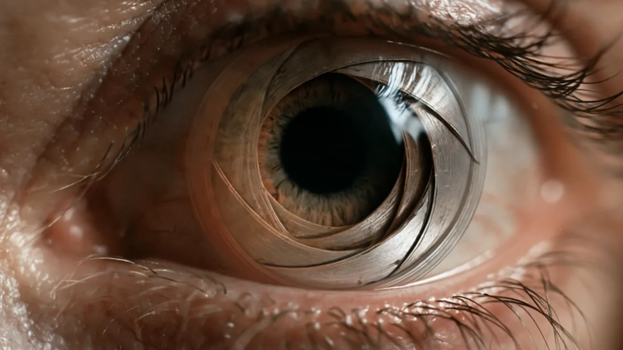 Très gros plan d'un œil humain dont l'iris est entouré de lamelles métalliques, comme le diaphragme d'un objectif photo : plan du film Androïdes.