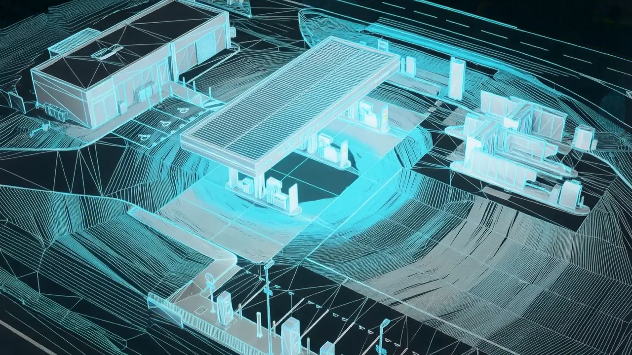 Maquette 3D filaire bleu cyan d'une station-service vue du ciel, extraite du film d'Argos Metrics.