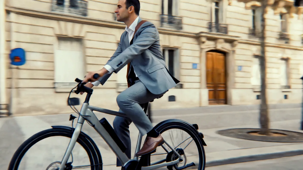L'homme en costume gris du film d'Arval sur un vélo à assistance électrique, dans une rue haussmannienne de Paris : plan généré par IA.
