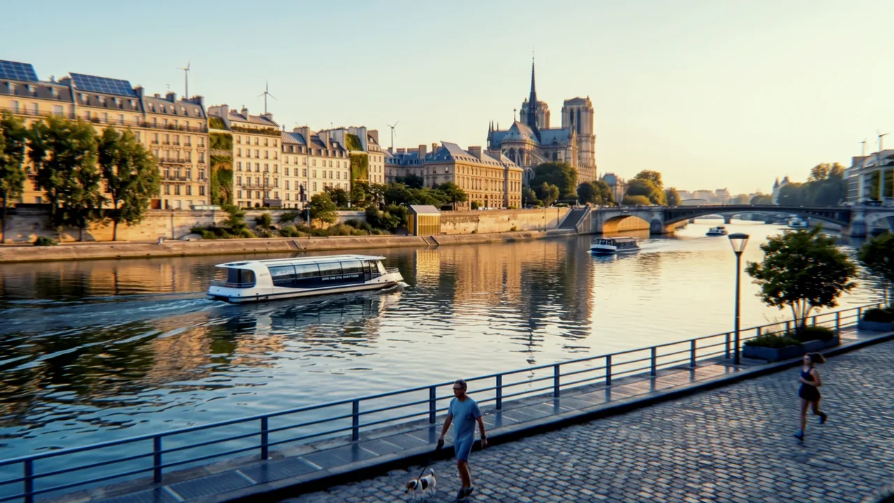 Quais de Seine dans une lumière dorée, avec Notre-Dame au fond, une navette fluviale, des toits couverts de panneaux solaires et des éoliennes, un promeneur et une joggeuse : plan généré par IA pour le film corporate d'Arval.