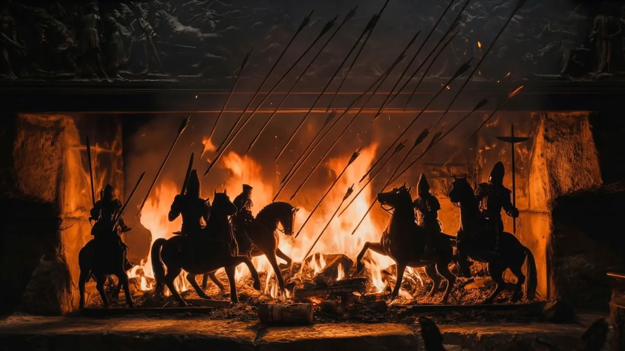 Chevaliers à cheval en silhouette sous une pluie de flèches, dans les flammes d'une cheminée.
