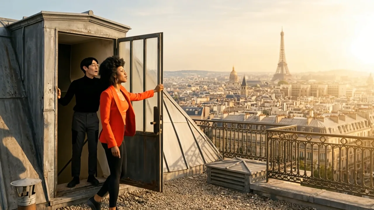Deux personnages sur un toit de Paris face à la tour Eiffel : plan du trailer Best in the City.