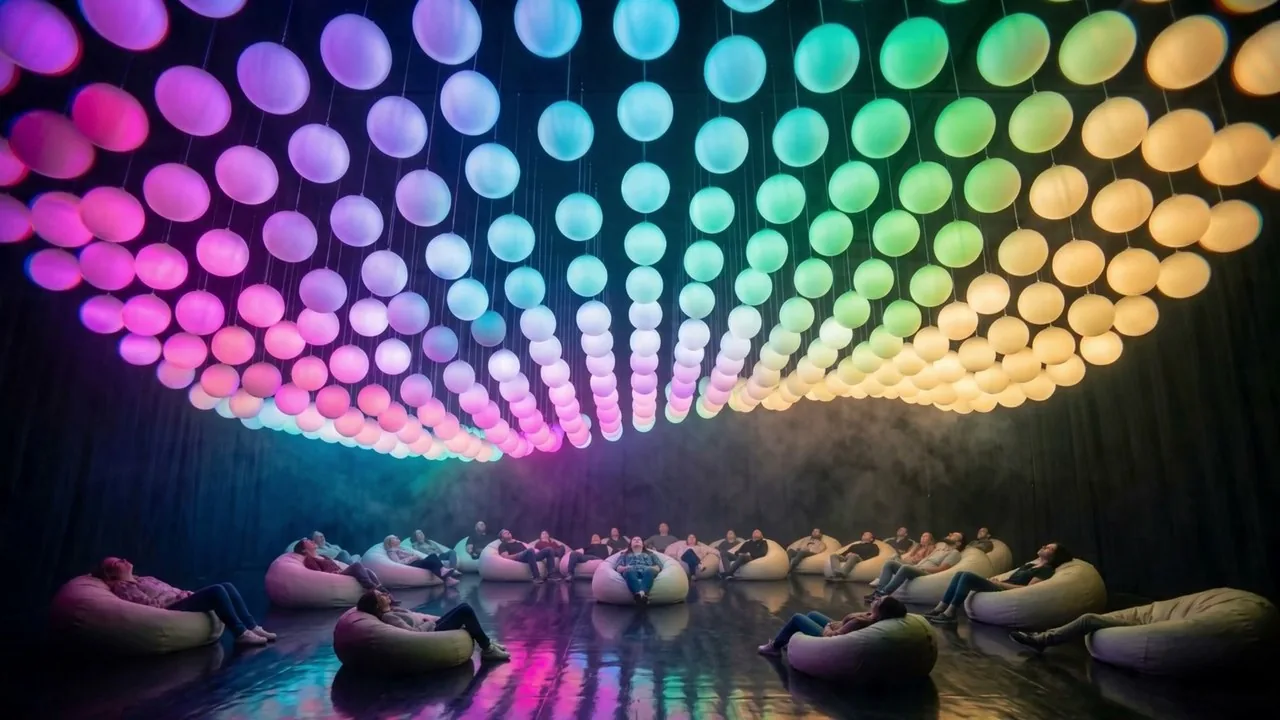 Plafond d'orbes lumineuses arc-en-ciel au-dessus de visiteurs allongés sur des poufs : trailer Happy Air World.