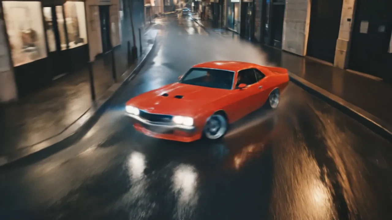 Une muscle car rouge en dérapage dans une rue mouillée, de nuit.