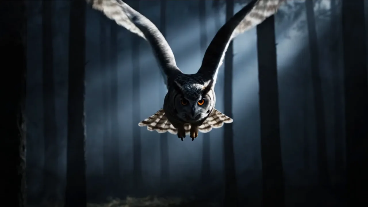 La chouette en plein vol, ailes déployées, face caméra, dans une forêt de nuit traversée de rayons de lumière.