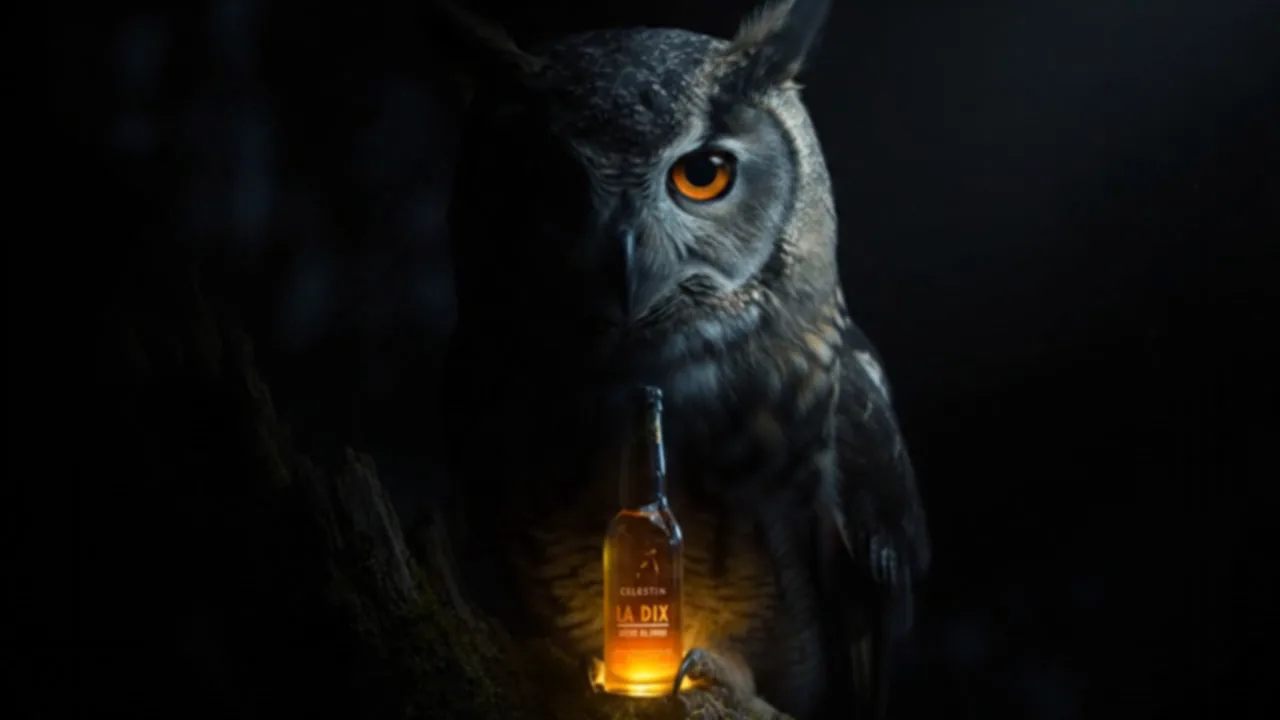 Une chouette à l'œil orange derrière une bouteille de bière Célestin illuminée : image du spot.
