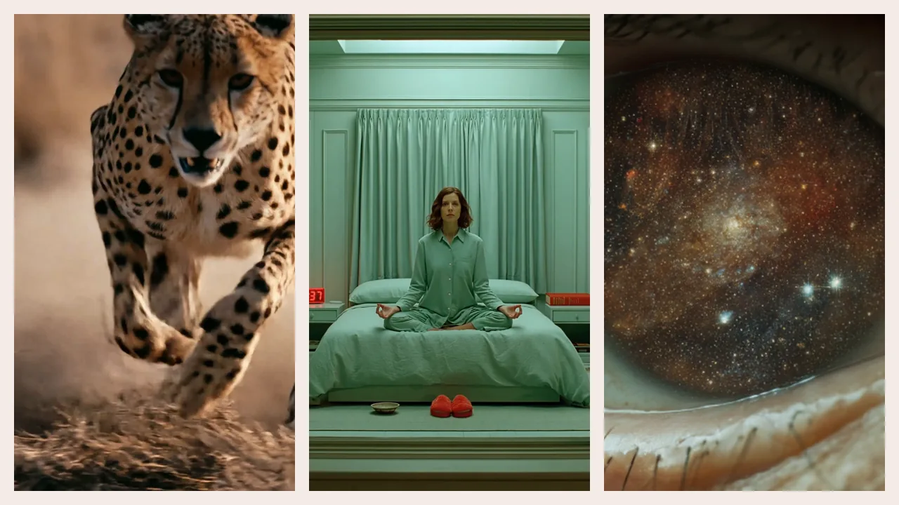 Un guépard qui charge, une chambre verte symétrique et un œil dont la pupille contient une galaxie : créations courtes 2026.
