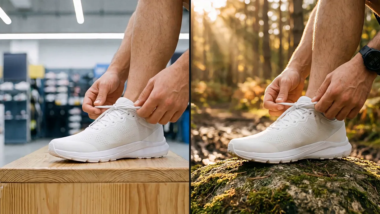Une chaussure lacée au rayon puis le même geste en forêt : raccord du film Decathlon.