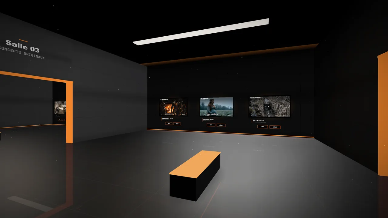 Salle d'une galerie 3D aux néons orange, trois écrans diffusent des films d'histoire.