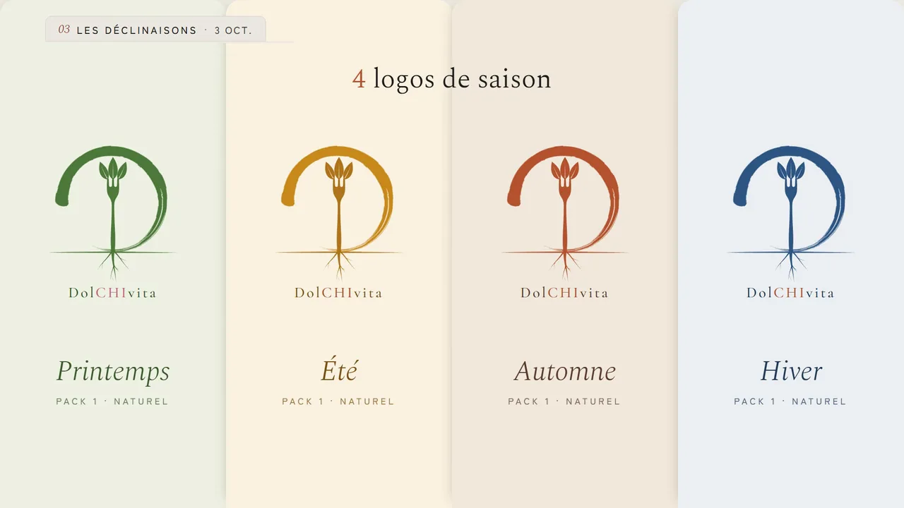 Les quatre logos de saison de DolCHIvita : une fourchette enracinée dans un cercle tracé au pinceau.