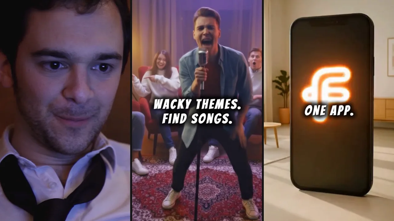 Trois images verticales des pubs Fedgy : un message, un karaoké entre amis, le logo de l'application.