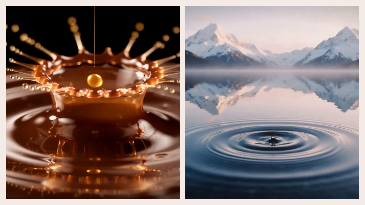 Une goutte dorée tombe dans du chocolat fondu, une goutte d'eau tombe dans un lac de montagne : films Obscur et Une goutte.