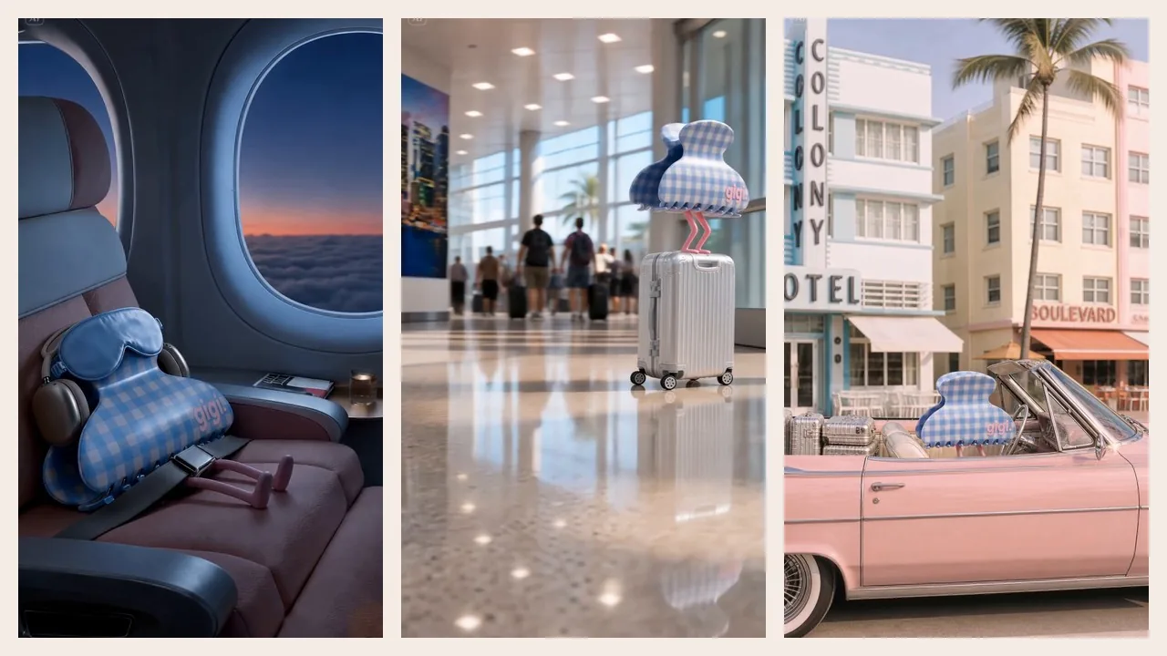 Trois images verticales du reel Gigi Paris : siège d'avion, hall d'aéroport, Cadillac rose devant un hôtel Art déco.