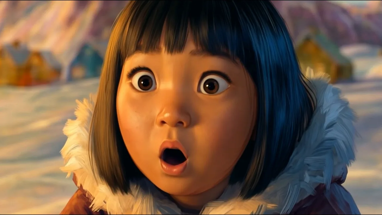 Fillette groenlandaise en anorak, les yeux écarquillés de surprise, dans le film d'animation Groenland.