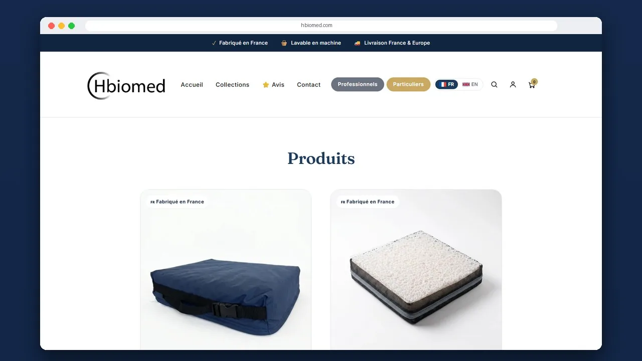 Page Produits du site e-commerce hbiomed.com, avec deux coussins présentés sur fond blanc.