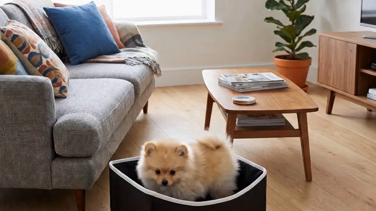 Mise en situation tirée d'une vidéo produit HBIOMED : un petit chien au pelage crème installé dans un panier pour chien noir à liseré blanc, au milieu d'un salon avec canapé gris et table basse en bois.