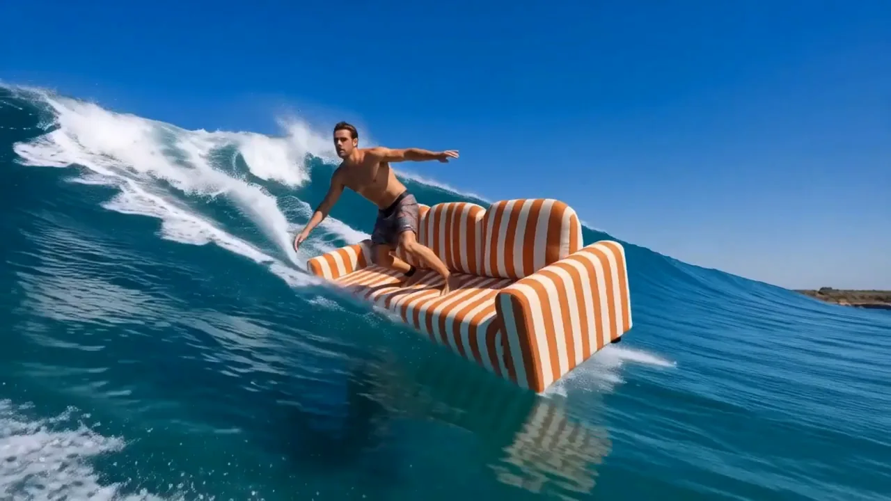Un surfeur debout sur un canapé à rayures orange et blanches, sur une vague turquoise.