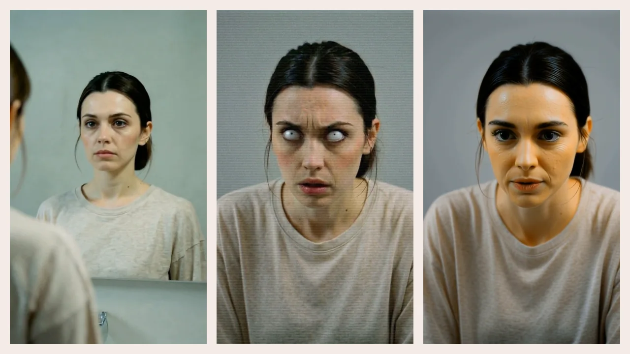 Une femme face à son reflet, son reflet aux yeux blancs, puis son visage apaisé : court-métrage Miroir.