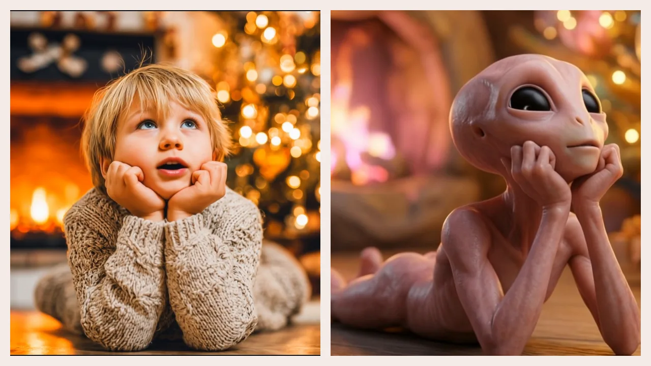Deux images du film Mitlys côte à côte : à gauche, un enfant blond en pull de laine, allongé devant un sapin illuminé et une cheminée, le menton dans les mains ; à droite, une petite créature extraterrestre rose dans la même pose, devant un feu.