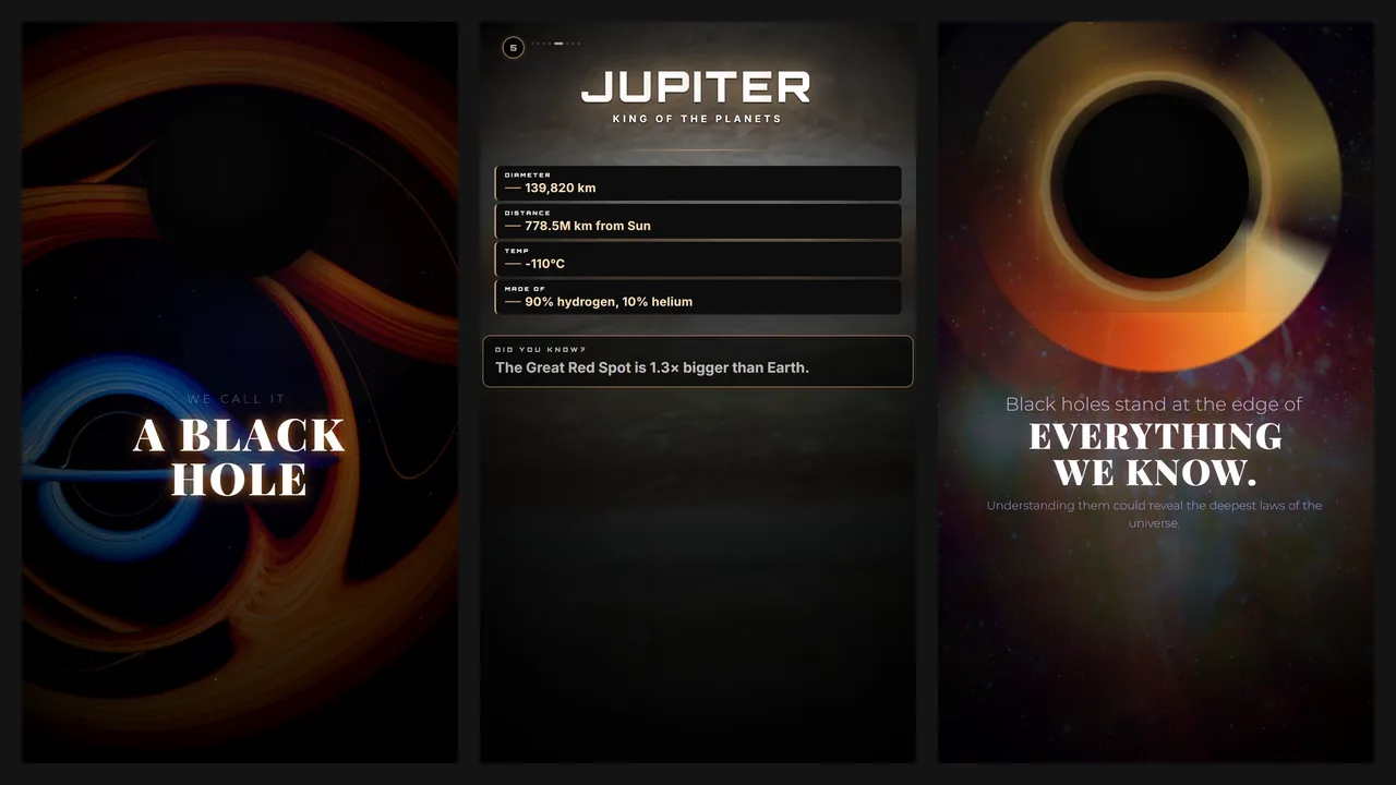Explainers verticaux : un trou noir et la fiche de Jupiter, sur fond noir.