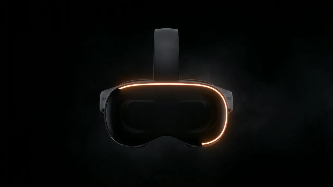 Packshot du casque de réalité virtuelle Nova Arc, une marque fictive : casque noir vu de face dans la fumée, cerclé d'un liseré lumineux orange, sur fond noir.