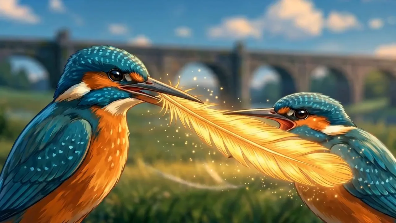 Deux martins-pêcheurs tenant une plume dorée devant un pont de pierre, film L'histoire vaut de l'or.