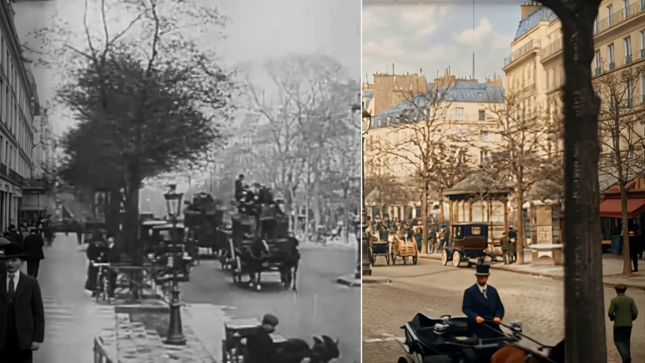 Une rue de Paris vers 1900, à moitié en noir et blanc, à moitié recolorisée.
