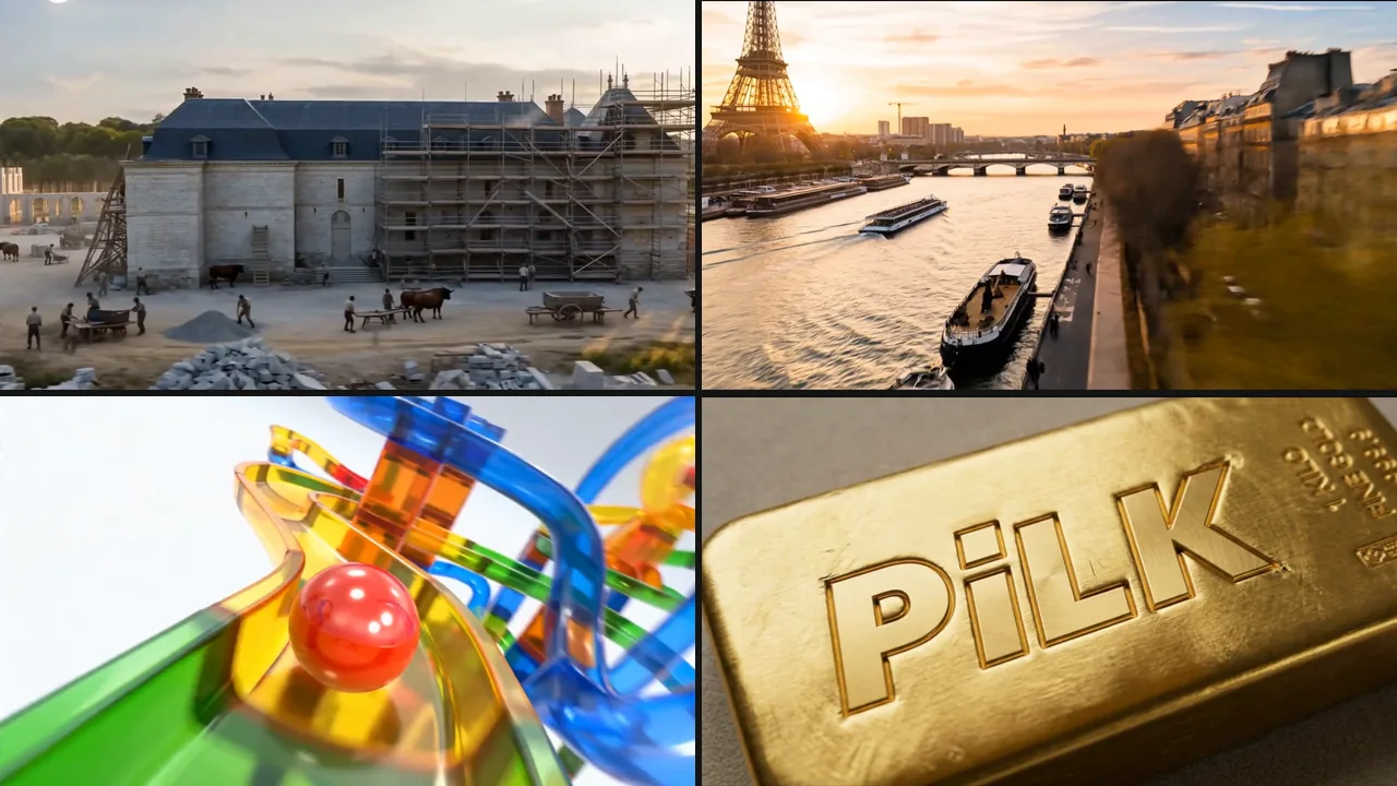 Quatre contenus Pilk Group : château en construction, Paris vu de drone, circuit de billes, lingot d'or au logo PILK.