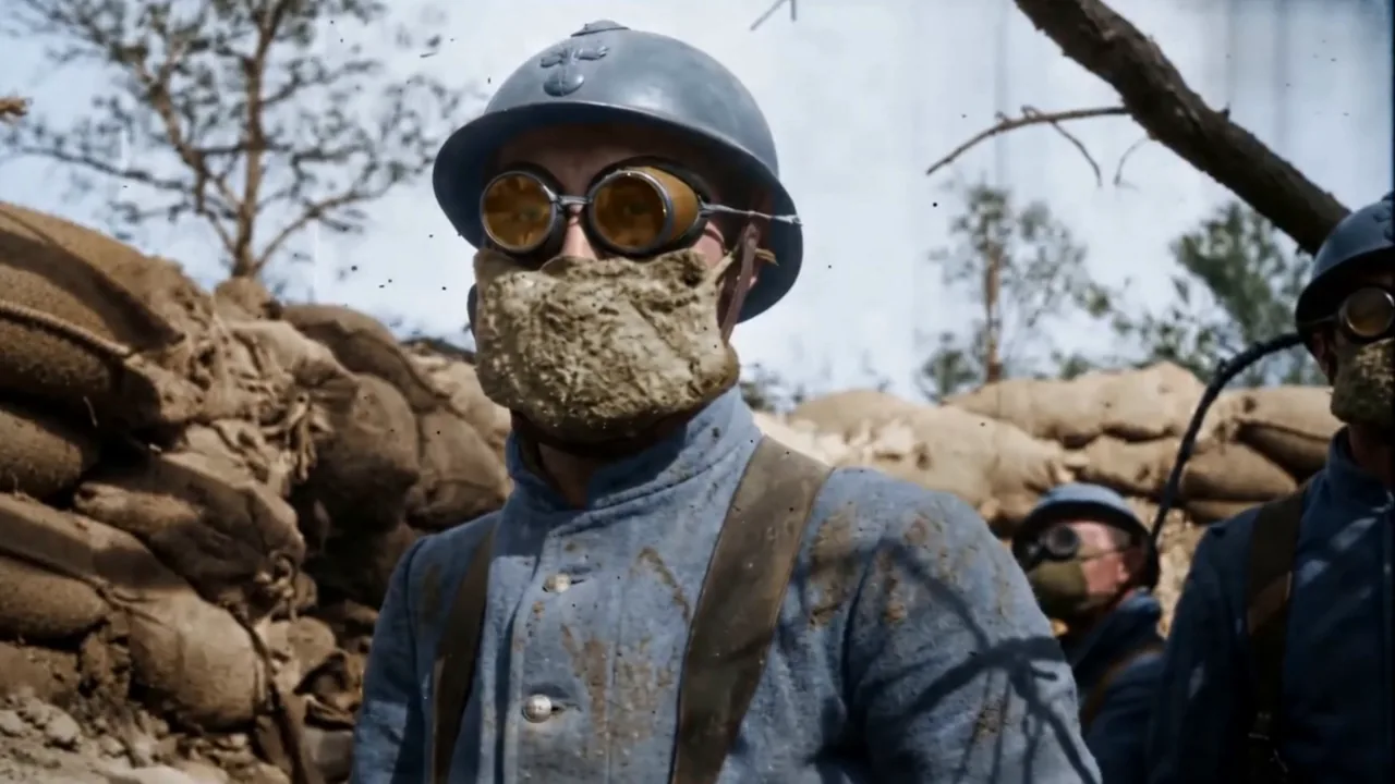 Soldat français dans une tranchée, casque Adrian bleu, lunettes à verres orangés et masque de tissu sur le bas du visage, devant des sacs de sable ; d'autres soldats masqués derrière lui. Plan recolorisé d'archives de l'ECPAD.