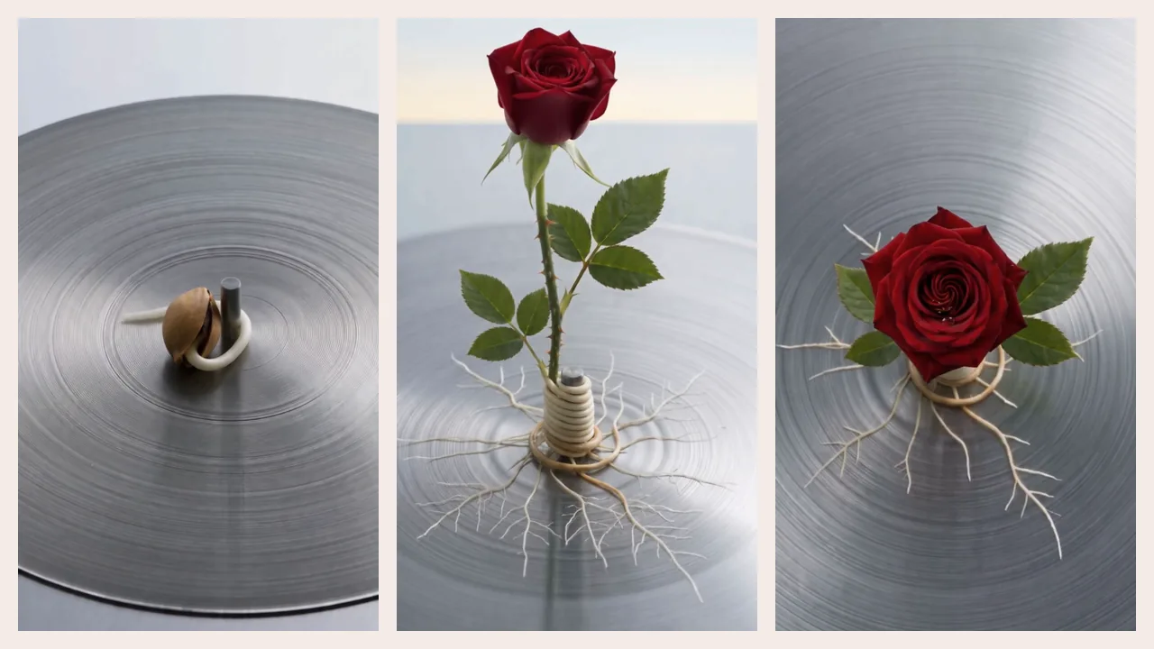 Trois images verticales du film Rose : une graine posée au centre d'un disque vinyle argenté, près de l'axe ; une tige de rosier en bouton dont les racines s'enroulent autour de l'axe et s'étalent sur le disque ; la rose rouge épanouie au centre du disque.