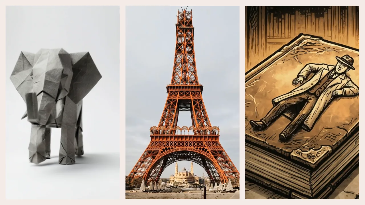 Un éléphant en origami, la tour Eiffel en construction et un personnage de bande dessinée allongé sur un livre.