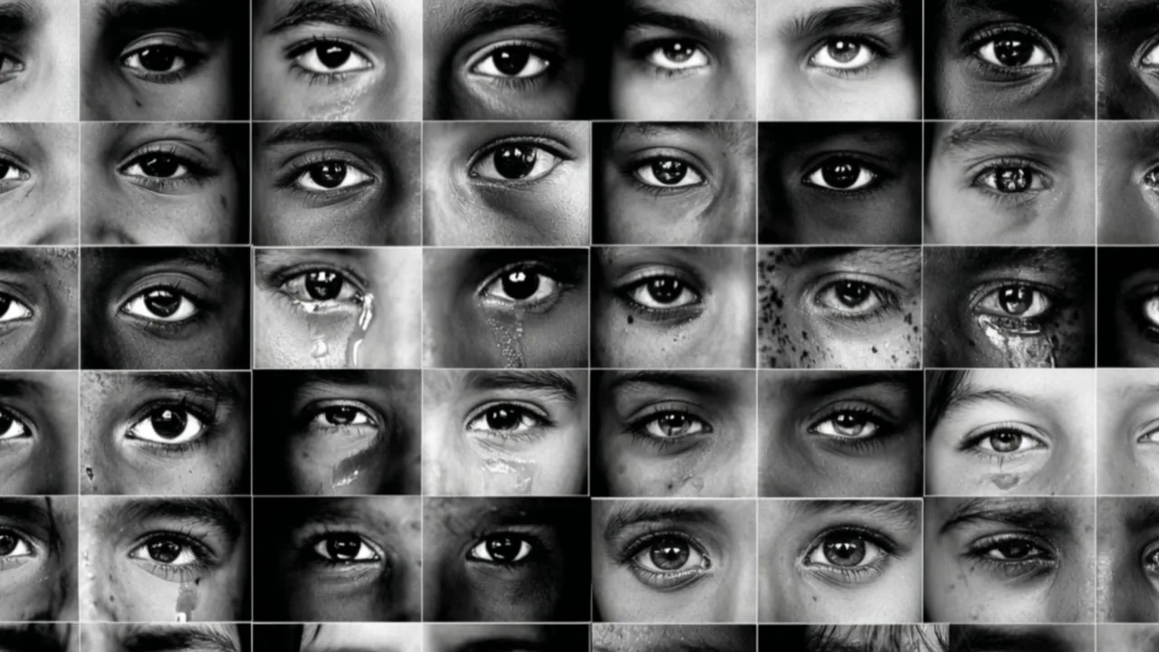 Mosaïque en noir et blanc de dizaines de regards, court-métrage Through Their Lens.