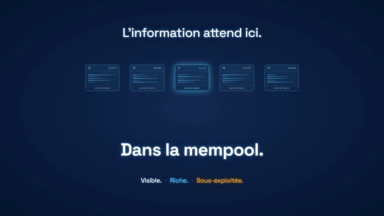 Écran bleu nuit du pitch TradingBox : blocs de transactions en attente et « Dans la mempool. ».