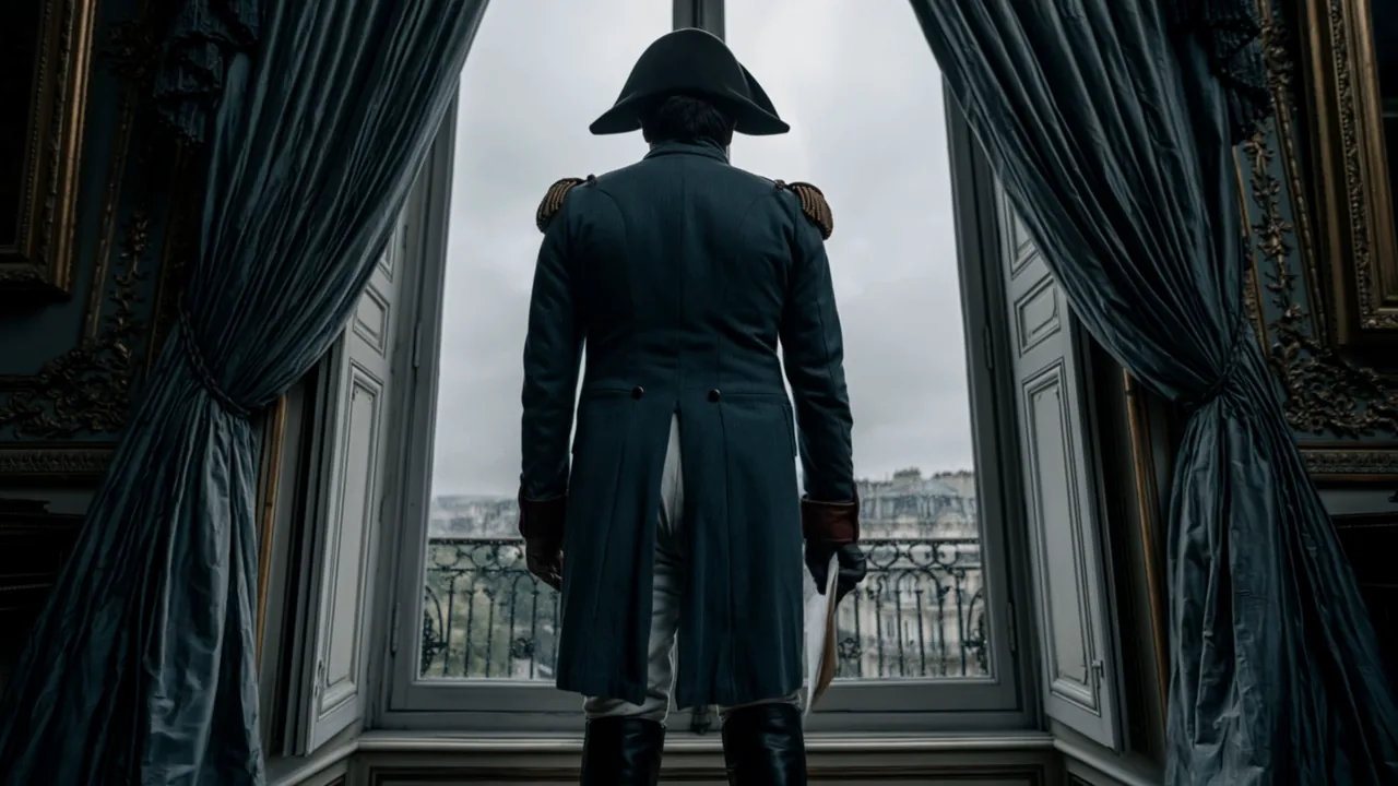 Silhouette de dos d'un général en bicorne devant une haute fenêtre, plan du film Vendée 1793.
